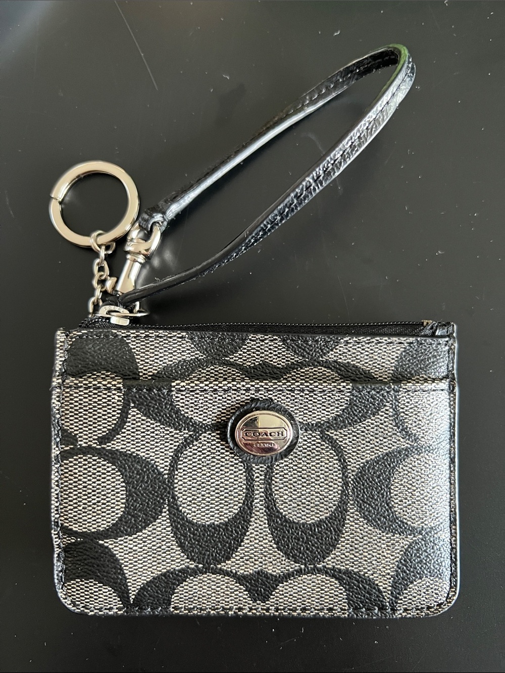Coach Metallic Black Signature Wristlet Key Card Case